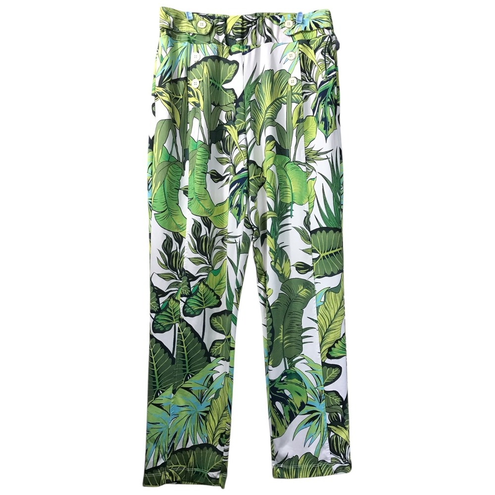 Robert Louis Green White Leaf Pattern Elastic‎ Pants